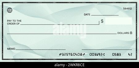 Chèque bancaire vierge. Modèle de chèque-chéquier. Document vectoriel avec des champs vides pour les informations personnelles et financières, permettant aux utilisateurs de créer des chèques personnalisés pour les transactions financières sécurisées Illustration de Vecteur