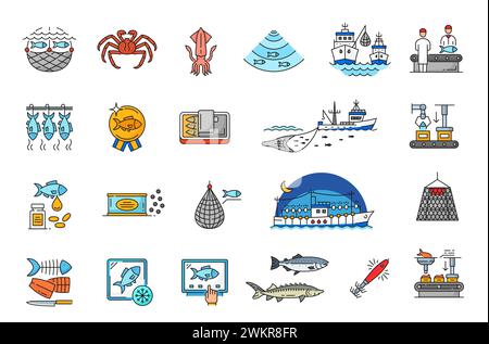 Icônes de ligne de l'industrie de la pêche du bateau de pêche, du poisson et des fruits de mer dans le vecteur de contour. Icônes de couleur linéaire de l'industrie de la pêche en mer du filet de pêcheur ou du navire avec le filet de poisson, la procession de poisson et l'équipement de production Illustration de Vecteur