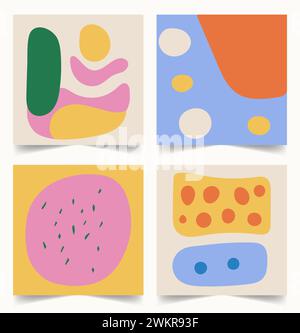 Ensemble de design contemporain tendance avec des formes simples abstraites et des éléments de gribouillage. Illustration vectorielle puérile dessinée à la main. Modèles de bannière carrée Illustration de Vecteur