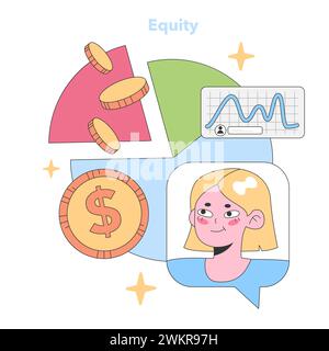 Une femme confiante visualise la croissance financière avec des pièces de monnaie, des graphiques et des éléments d'équité qui l'entourent. Favoriser le parcours financier dans le monde des affaires. Illustration vectorielle plate Illustration de Vecteur