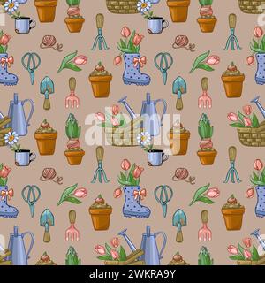 Modèle sans couture sur le thème du jardinage avec des fleurs et des outils de jardinage. Illustration de Vecteur
