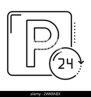 Icône de ligne de stationnement, parking ou service automatique de garage pendant 24 heures, signe linéaire vectoriel. Icône de stationnement pour voiturier de véhicule ou symbole de stationnement d'espace de garage automobile public pour application de service automatique intelligente Illustration de Vecteur