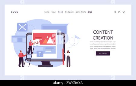 Concept de création de contenu. Équipe de conception collaborative de contenu numérique attrayant, mettant en valeur la conception Web et l'édition de texte. Visualisation du processus de développement de contenu. Illustration vectorielle plate Illustration de Vecteur