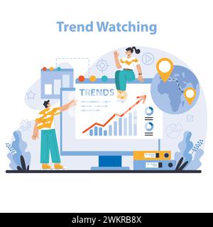 Surveillance des tendances. Spécialiste du suivi des nouvelles tendances commerciales. Prévision, analyse de données et élaboration de stratégies de promotion. Illustration vectorielle plate Illustration de Vecteur