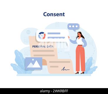 Illustration du concept de consentement. Une femme professionnelle fait des gestes vers un formulaire de données personnelles, mettant l'accent sur l'accord de l'utilisateur et la protection des données au milieu des éléments urbains. Illustration vectorielle plate Illustration de Vecteur