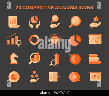 Jeu d'icônes pour l'analyse concurrentielle. Outils visuels essentiels pour les études de marché, l'interprétation des données, la planification stratégique. Illustration vectorielle plate. Illustration de Vecteur