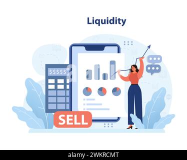 Concept de liquidité. Energetic Woman met en évidence les données financières sur tablette, indiquant la conversion des actifs. Vente rapide, dynamique du marché. Illustration vectorielle plate Illustration de Vecteur