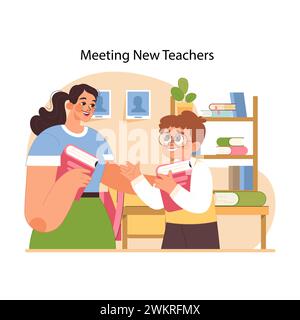Rencontre de nouveaux enseignants concept. Les étudiants désireux d'introduction à un nouveau mentor, marquant le début du voyage éducatif à la nouvelle école. Créer une atmosphère de soutien pour les nouveaux arrivants. Illustration vectorielle plate Illustration de Vecteur