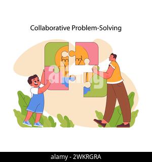 Concept collaboratif de résolution de problèmes. Deux personnes assemblent des pièces de puzzle, incarnant le travail d'équipe pour trouver des solutions et surmonter les défis. Illustration vectorielle plate Illustration de Vecteur