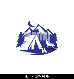 Camping la nuit illustration simple. Camping nocturne en montagne. Paysage forestier de dessin animé avec lac, tente et feu de camp, ciel avec lune. Vecteur beau C Illustration de Vecteur