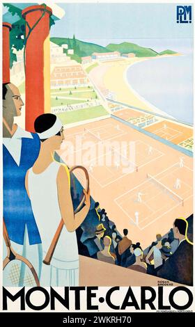 Affiche de voyage vintage. Monte-Carlo, Monaco. Français de Roger Broders, c1930, courts de tennis, avec montres, Art déco Banque D'Images