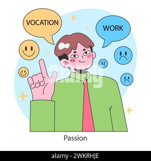 Concept de passion. L'homme contraste le travail avec la vocation, symbolisant la quête de joie dans sa carrière. Trouver l'accomplissement au-delà du simple emploi. Illustration vectorielle plate. Illustration de Vecteur