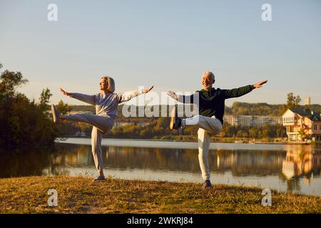 Couple senior sportif actif homme et femme faisant des exercices d'étirement dans la nature. Banque D'Images