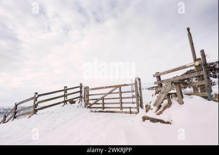 Porte en bois et plate-forme d'escalier formant l'entrée du trou de Horcum, une dépression naturelle et attraction, après la tempête de neige près de Goathland, Royaume-Uni. Banque D'Images