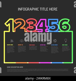 Modèle infographique coloré en six étapes avec un espace de titre clair et un texte de substitution. L'infographie est conçue pour présenter les informations de séquence en R. Illustration de Vecteur