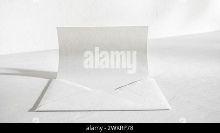 Livre blanc vierge dans l'enveloppe sur le bureau avec ombres douces dans le bureau Banque D'Images