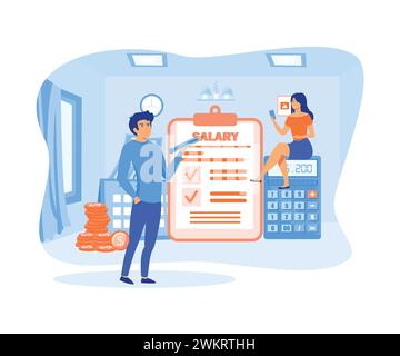 Concept de vecteur de salaire. travailleur féminin regardant son salaire sur le téléphone portable et travailleur masculin debout avec presse-papiers, pile de pièces de monnaie et calculatrice. plat v Illustration de Vecteur