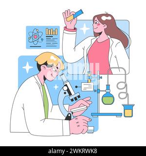 Concept de recherche en laboratoire. Deux scientifiques analysent diligemment des échantillons, l'un observant au microscope et l'autre inspectant un tube à essai. Graphiques de données en arrière-plan. illustration vectorielle. Illustration de Vecteur