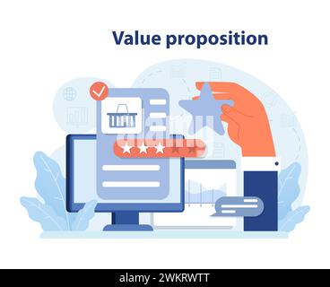 Concept de pénétration du marché. Main mettant en évidence une étoile comme un symbole de proposition de valeur supérieure sur un écran numérique. Amélioration de l'attrait des produits. Prioriser la satisfaction des clients. Illustration vectorielle plate. Illustration de Vecteur