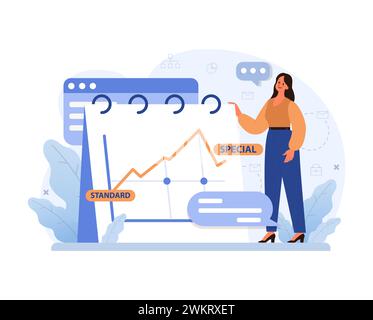 Élever les performances de l'entreprise de standard à spécial. Une femme confiante présente un graphique en hausse, mettant en évidence la croissance et l'optimisation de l'entreprise. Transition de régulier à exceptionnel. Vecteur plat Illustration de Vecteur