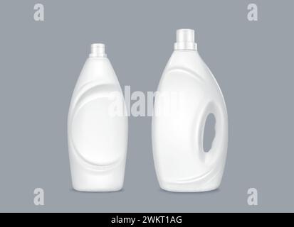 Bouteilles de détergent à lessive isolées sur fond. Illustration réaliste vectorielle de maquettes de conteneur en plastique blanc avec espace vide pour la marque, Illustration de Vecteur