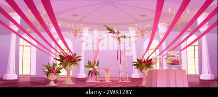 Configuration de cérémonie de mariage avec arc drapé de rubans et décoré de fleurs de rose et de bouquets dans la grande salle de bal du château royal. Vecteur de dessin animé illust Illustration de Vecteur