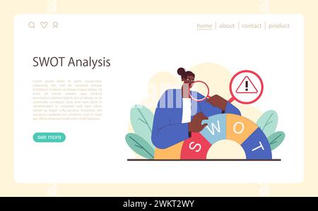 Concept d'analyse SWOT. Femme d'affaires réfléchie étudiant les risques potentiels, les forces, les opportunités et les menaces. Prise de décision, planification stratégique. Illustration vectorielle plate. Illustration de Vecteur