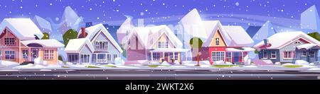 Rue de ville de banlieue en hiver. Illustration vectorielle de dessins animés de maisons de campagne le long de l'allée rurale, fumée s'élevant des cheminées, tas de neige sur les arbres et b Illustration de Vecteur
