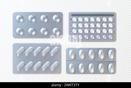 Ensemble 3D de maquettes de blister pilule isolé sur fond transparent. Illustration réaliste vectorielle des emballages en aluminium avec des comprimés et des capsules, t médical Illustration de Vecteur