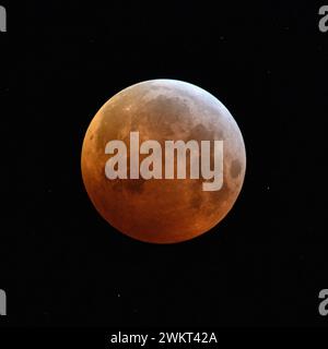 Blutmond Mondfinsternis , oranger Mond AM 21.01.2019, 04:10 Uhr, Eintritt des Supermondes in den Kernschatten der Erde, Nordrhein-Westfalen, Deutschland *** Eclipse de la super lune, éclipse lunaire, superlune rouge, lune de sang / Blutmond, pleine lune orange rouge avec étoiles scintillantes le 21 janvier 2019, Allemagne. Nordrhein-Westfalen Deutschland, Westeuropa Banque D'Images