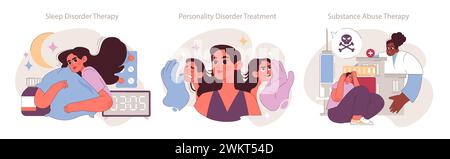Ensemble des interventions psychothérapeutiques. Aborder les troubles du sommeil, de la personnalité et des substances psychoactives. Approches thérapeutiques multiples du bien-être. Illustration de Vecteur