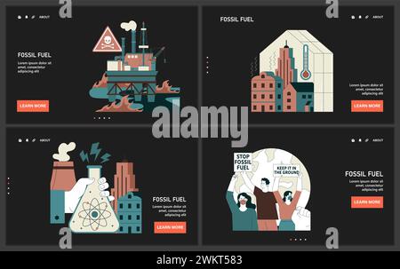Combustible fossile mode sombre ou nuit Web ou ensemble d'atterrissage. L'extraction des ressources fossiles et son impact sur le changement climatique. Dépendance à l'égard des sources d'énergie non renouvelables. Épuisement de la terre. Illustration vectorielle plate Illustration de Vecteur