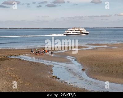 Randonnée dans la vase à basse eau et ferry dans le canal de Wittdun, île d'Amrum, Frise du Nord, Schleswig-Holstein, Allemagne Banque D'Images