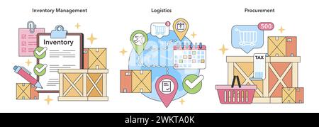 Ensemble des opérations de la chaîne logistique principale. Contrôles détaillés des stocks, suivi logistique mondial et systèmes d'approvisionnement rationalisés. Composants essentiels pour une gestion efficace de la chaîne logistique. Illustration de Vecteur