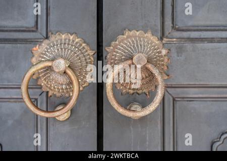 Frappeurs de porte en fer antique avec conception en laiton Banque D'Images