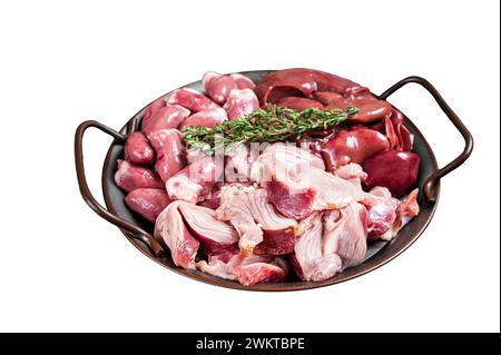 Abats crus d'oiseau ensemble de viande, abats de poulet, foie, cœurs, gésiers estomac. Isolé sur fond blanc Banque D'Images