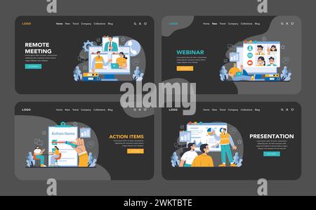 Réunion d'affaires nuit ou mode sombre Web ou ensemble de pages de destination. Interactions d'équipe virtuelles, webinaires attrayants, hiérarchisation des tâches et présentations informatives. Illustration vectorielle plate. Illustration de Vecteur