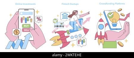 Coffret Finance innovant. Visualise les investissements en ligne, la croissance des startups fintech et les plateformes de crowdfunding. Renforcer l'engagement financier. Illustration vectorielle plate Illustration de Vecteur