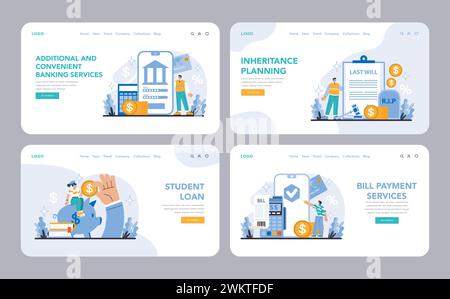 Ensemble de pages Web ou de pages de destination de services bancaires supplémentaires et pratiques. Solutions sur mesure pour le paiement de factures, les prêts étudiants, la planification successorale, etc. Amélioration de la commodité et de la sécurité financières. Illustration de Vecteur