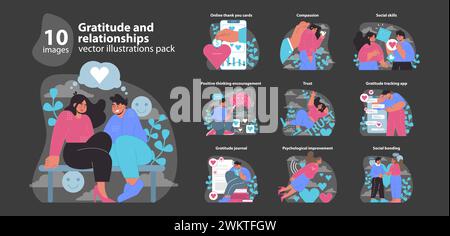 Gratitude et relations établies. Célébrer les liens émotionnels et l'appréciation. Expressions de remerciement, de confiance et de compagnie. Illustration vectorielle plate. Illustration de Vecteur