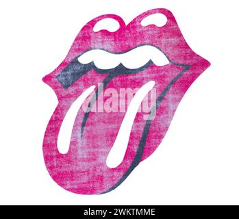 Ocala, Floride 20 février 2024 groupe de rock n roll The Rolling Stones logo icône Hot Lips, Tongue and Mouth basé sur la déesse hindoue Kali. Rouge délavé Banque D'Images