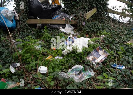 Harefield, Royaume-Uni. 20 février 2024. Ordures sur les rives du Grand Union canal à Harefield. Crédit : Maureen McLean/Alamy Banque D'Images