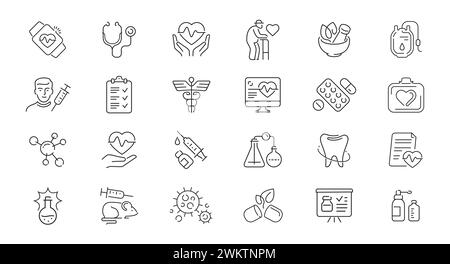 Icône santé et médecine définie dans un style linéaire de contour. Illustration vectorielle de concept d'hôpital ou de pharmacie Illustration de Vecteur