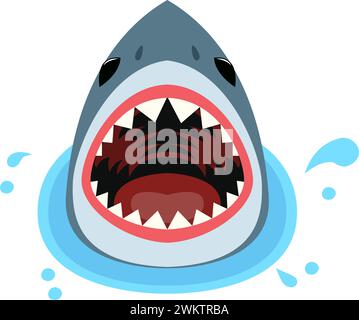 dessin animé vectoriel de requin agressif en mer. illustration de la natation danger pour la vie. poisson de requin effrayant avec la bouche ouverte dans l'eau de l'océan, animal sous-marin pré Illustration de Vecteur