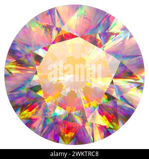 Diamant vu d'en haut, reflets irisés, isolés sur fond blanc. rendu 3d. Banque D'Images