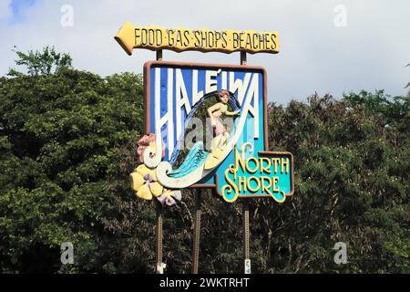Hale'iwa - HI - 3 janvier 2024 : célèbre spot touristique de surf sur la rive nord. Banque D'Images