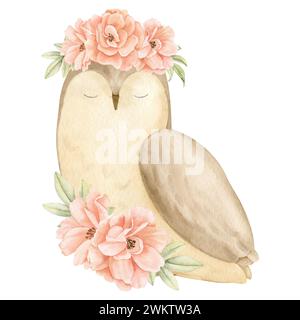 Hibou avec des fleurs de rose. Illustration aquarelle d'oiseau de forêt avec des plantes dans des couleurs pastel. Dessin d'animal des bois pour les cartes de voeux de douche de bébé ou les invitations enfantines. Design mignon pour les enfants. Banque D'Images