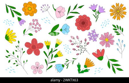 Grand ensemble avec différentes fleurs et feuilles, éléments de conception de printemps, illustration vectorielle de style doodle Illustration de Vecteur