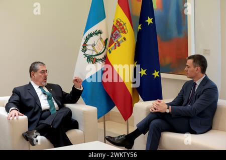 Madrid, Espagne. 22 février 2024. Madrid Espagne ; 02.22.2024.- Président le gouvernement espagnol Pedro Sánchez reçoit le président du Guatemala, Bernardo Arévalo, au complexe de la Moncloa, dans le cadre de son premier voyage officiel, qui coïncide avec le 160e anniversaire de l’établissement de relations diplomatiques entre les deux pays. Crédit : Juan Carlos Rojas/dpa/Alamy Live News Banque D'Images