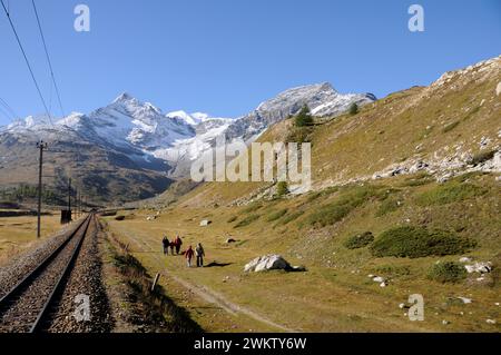 Der Bernina-Express fährt von Pontresina über den Bernina-Hospitz zur Alp Grüm und ins Puschlav weiter. Le train Bernina vous conduit au-dessus des Alpes suisses Banque D'Images